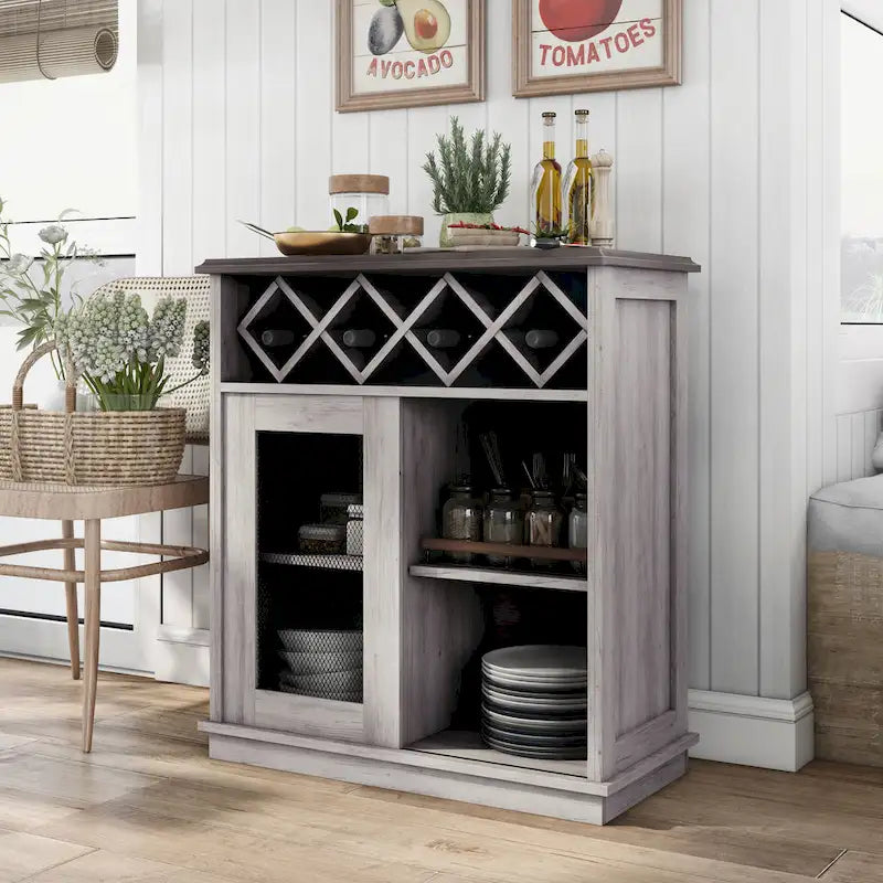 Buffet à vin DH BASIC Farmhouse à quatre étagères et quatre bouteilles, style treillis, par Denhour