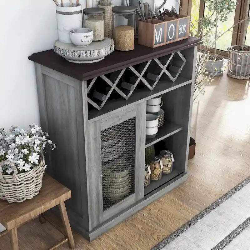 Buffet à vin DH BASIC Farmhouse à quatre étagères et quatre bouteilles, style treillis, par Denhour