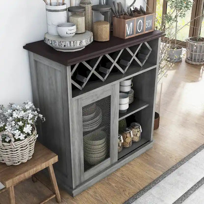 Buffet à vin DH BASIC Farmhouse à quatre étagères et quatre bouteilles, style treillis, par Denhour