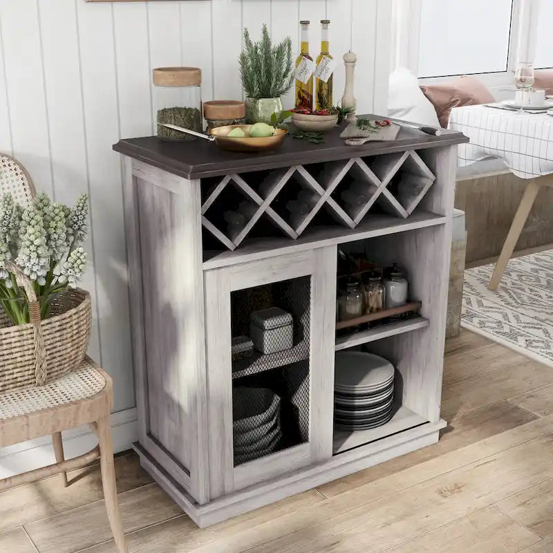 Buffet à vin DH BASIC Farmhouse à quatre étagères et quatre bouteilles, style treillis, par Denhour