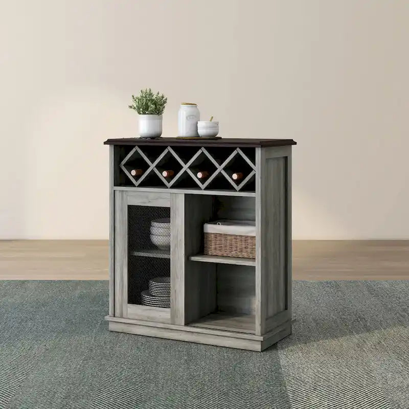 Buffet à vin DH BASIC Farmhouse à quatre étagères et quatre bouteilles, style treillis, par Denhour