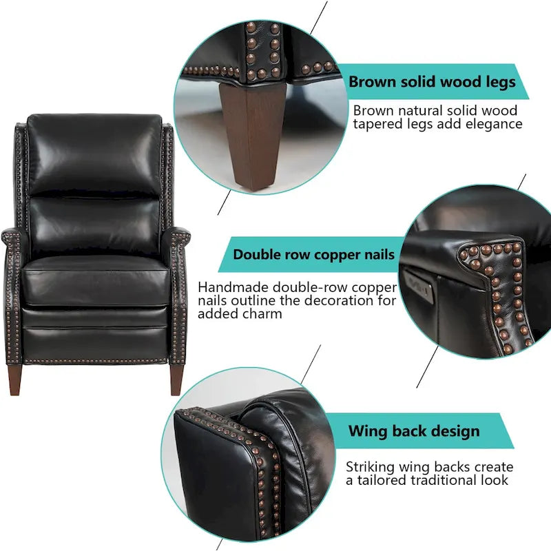 Fauteuil inclinable électrique Hekkin en cuir véritable avec appui-tête réglable et port USB - Siège de salon ultra-confortable