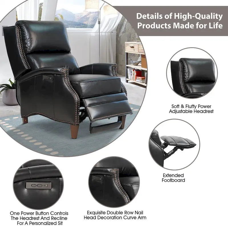 Fauteuil inclinable électrique Hekkin en cuir véritable avec appui-tête réglable et port USB - Siège de salon ultra-confortable
