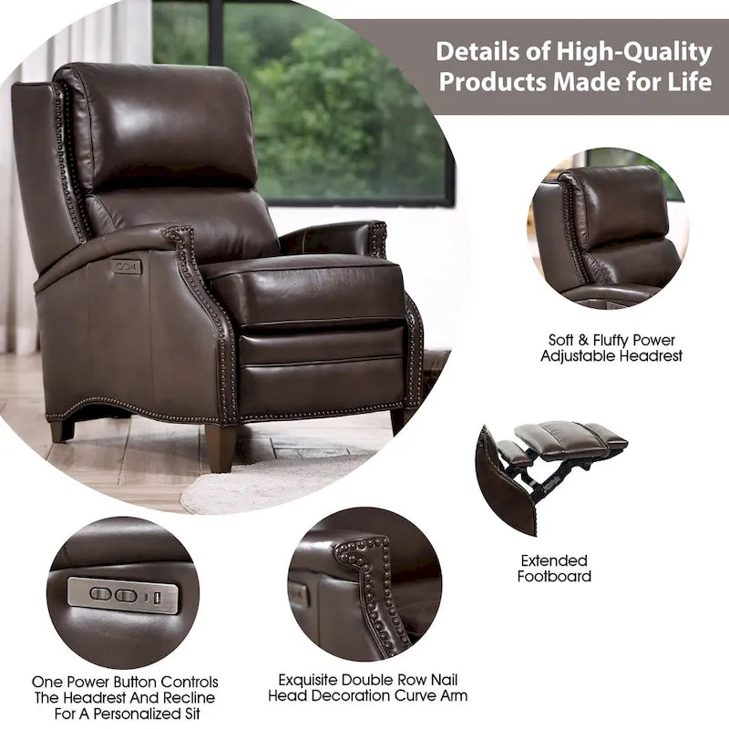 Fauteuil inclinable électrique Hekkin en cuir véritable avec appui-tête réglable et port USB - Siège de salon ultra-confortable