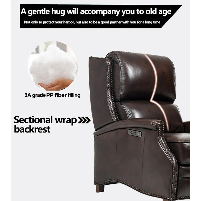 Fauteuil inclinable électrique Hekkin en cuir véritable avec appui-tête réglable et port USB - Siège de salon ultra-confortable