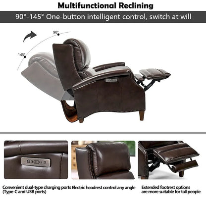 Fauteuil inclinable électrique Hekkin en cuir véritable avec appui-tête réglable et port USB - Siège de salon ultra-confortable