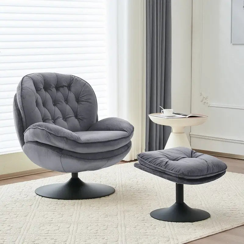 Fauteuil pivotant en velours avec repose-pieds, ensemble fauteuil de lecture rond, pivotant à 360°, structure en métal