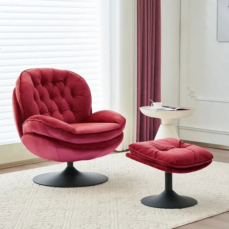 Fauteuil pivotant en velours avec repose-pieds, ensemble fauteuil de lecture rond, pivotant à 360°, structure en métal
