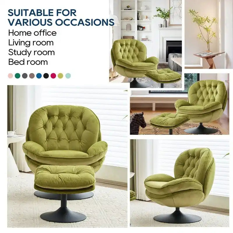 Fauteuil pivotant en velours avec repose-pieds, ensemble fauteuil de lecture rond, pivotant à 360°, structure en métal