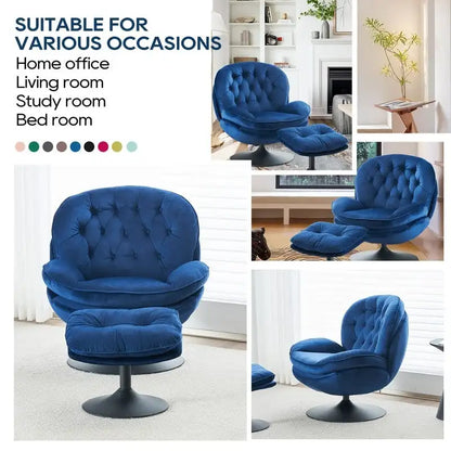 Fauteuil pivotant en velours avec repose-pieds, ensemble fauteuil de lecture rond, pivotant à 360°, structure en métal