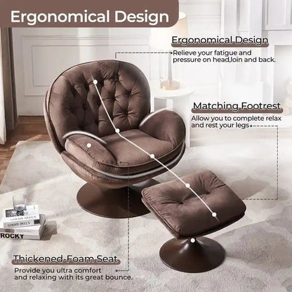Fauteuil pivotant en velours avec repose-pieds, ensemble fauteuil de lecture rond, pivotant à 360°, structure en métal