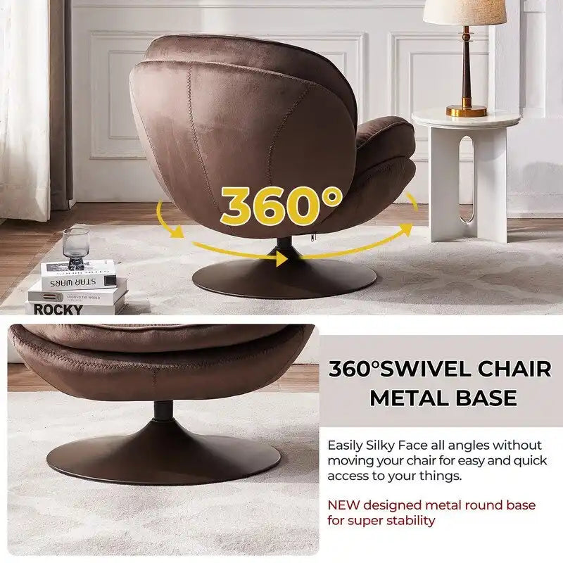 Fauteuil pivotant en velours avec repose-pieds, ensemble fauteuil de lecture rond, pivotant à 360°, structure en métal