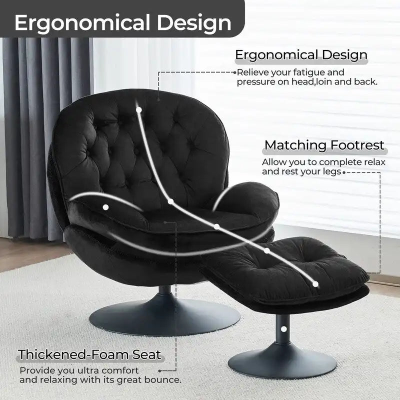 Fauteuil pivotant en velours avec repose-pieds, ensemble fauteuil de lecture rond, pivotant à 360°, structure en métal