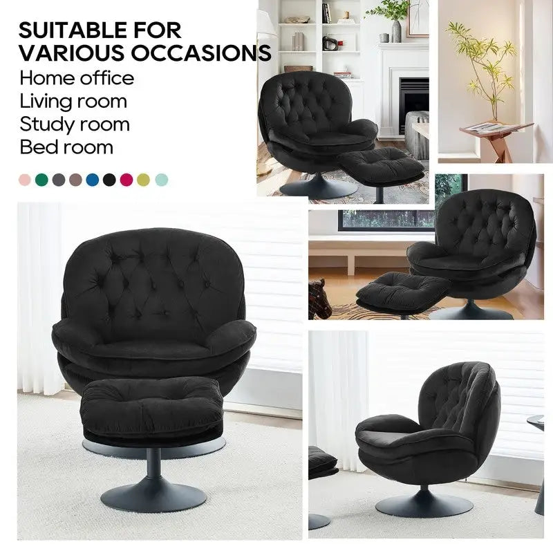 Fauteuil pivotant en velours avec repose-pieds, ensemble fauteuil de lecture rond, pivotant à 360°, structure en métal