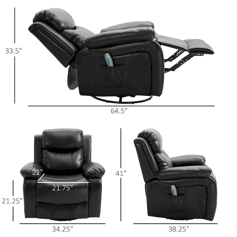 Fauteuil de massage inclinable HOMCOM en cuir PU, canapé pivotant à bascule avec télécommande, repose-pieds et assise rembourrée pour salon