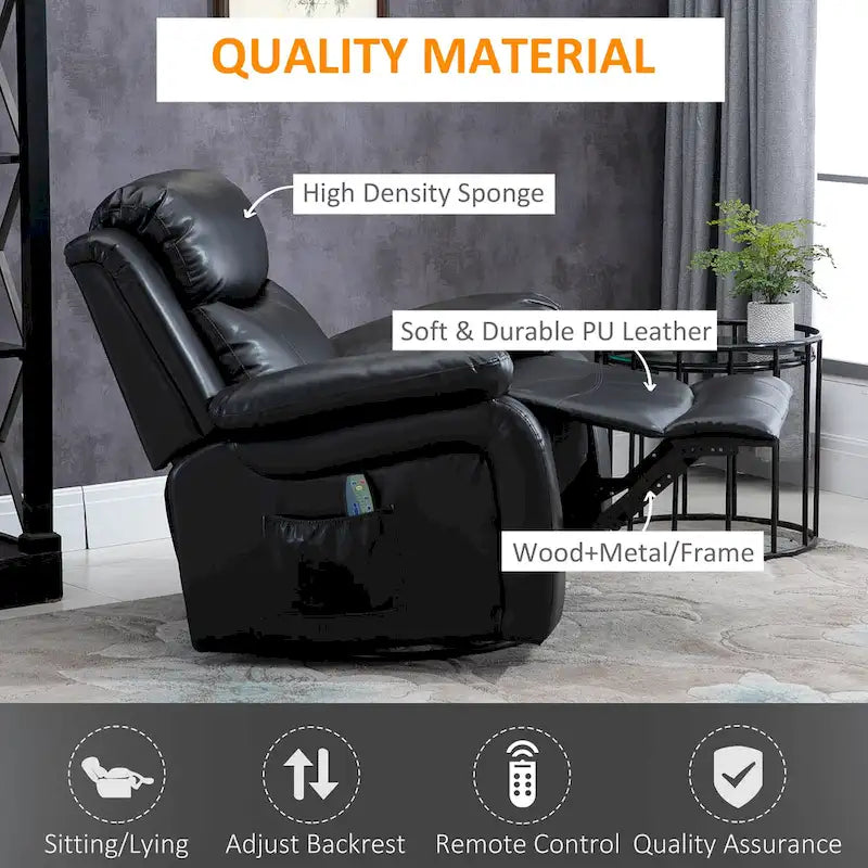 Fauteuil de massage inclinable HOMCOM en cuir PU, canapé pivotant à bascule avec télécommande, repose-pieds et assise rembourrée pour salon