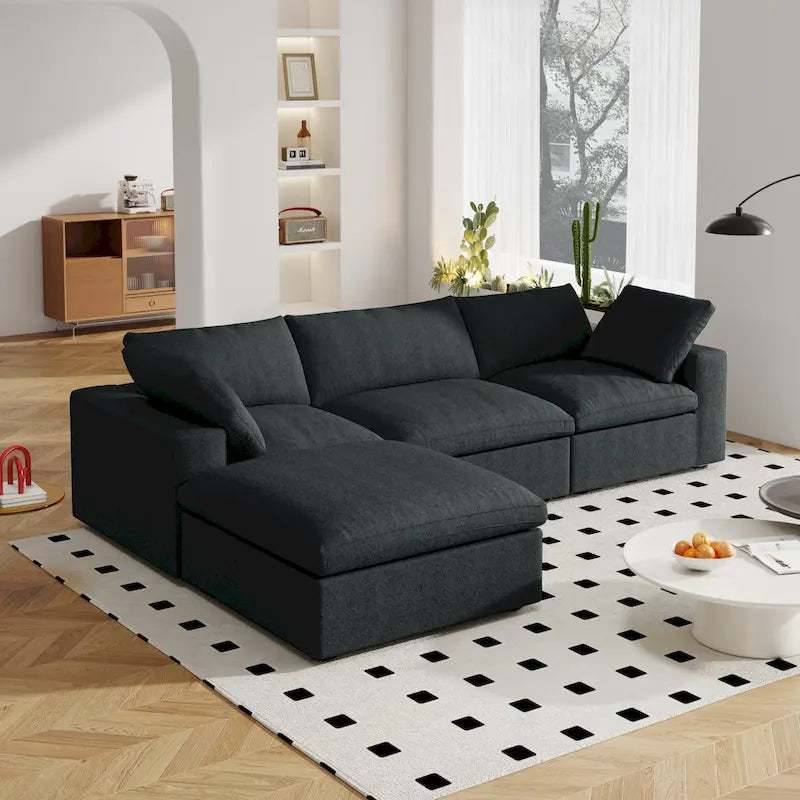 Canapé d'angle moderne en lin modulable en forme de L de 120 pouces avec pouf de rangement