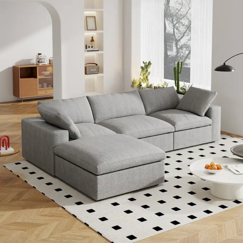 Canapé d'angle moderne en lin modulable en forme de L de 120 pouces avec pouf de rangement