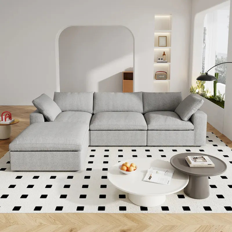 Canapé d'angle moderne en lin modulable en forme de L de 120 pouces avec pouf de rangement