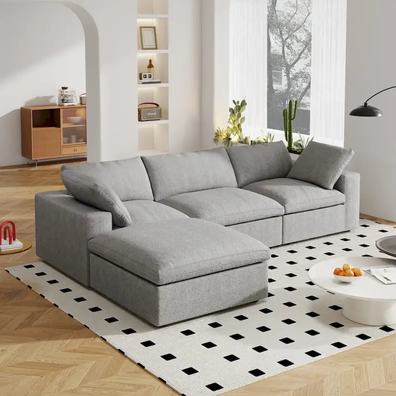 Canapé d'angle moderne en lin modulable en forme de L de 120 pouces avec pouf de rangement
