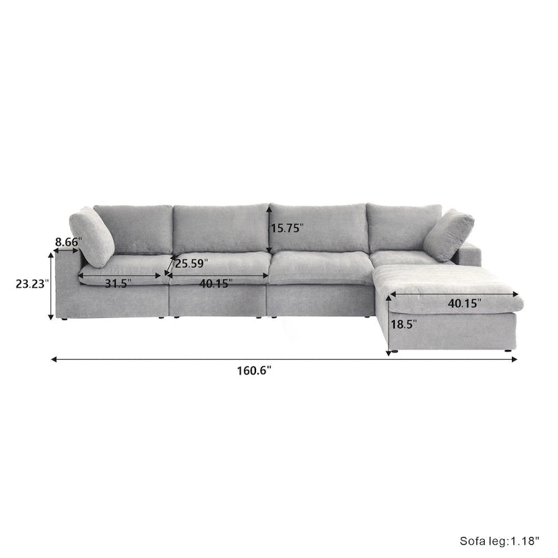 Canapé d'angle moderne en lin modulable en forme de L de 120 pouces avec pouf de rangement