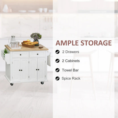 Chariot de cuisine roulant HOMCOM avec plateau en bois d'hévéa, étagère à épices, porte-serviettes et tiroirs pour salle à manger