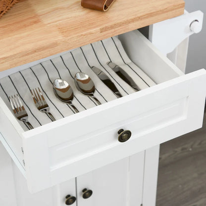 Chariot de cuisine roulant HOMCOM avec plateau en bois d'hévéa, étagère à épices, porte-serviettes et tiroirs pour salle à manger