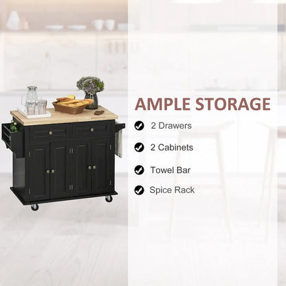 Chariot de cuisine roulant HOMCOM avec plateau en bois d'hévéa, étagère à épices, porte-serviettes et tiroirs pour salle à manger