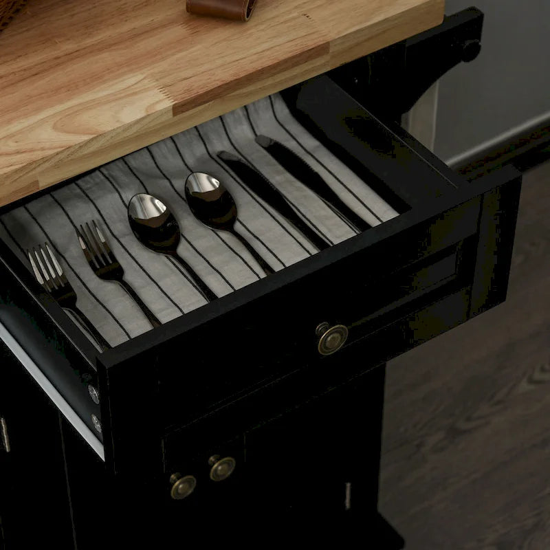 Chariot de cuisine roulant HOMCOM avec plateau en bois d'hévéa, étagère à épices, porte-serviettes et tiroirs pour salle à manger
