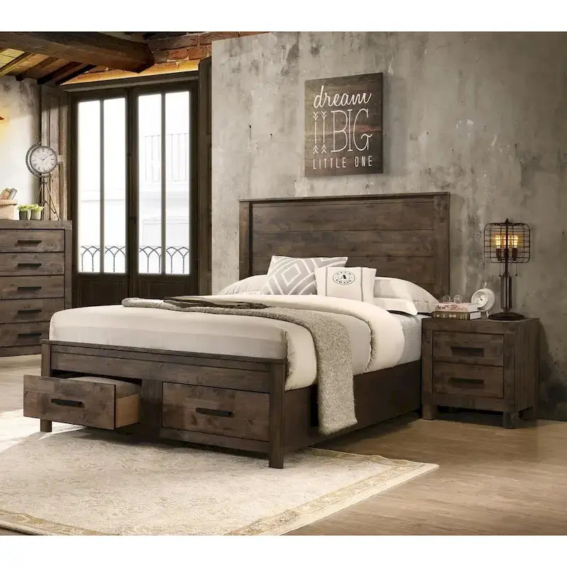 Lit King Size oriental en bois avec deux tiroirs au pied du lit, couleur brun doré