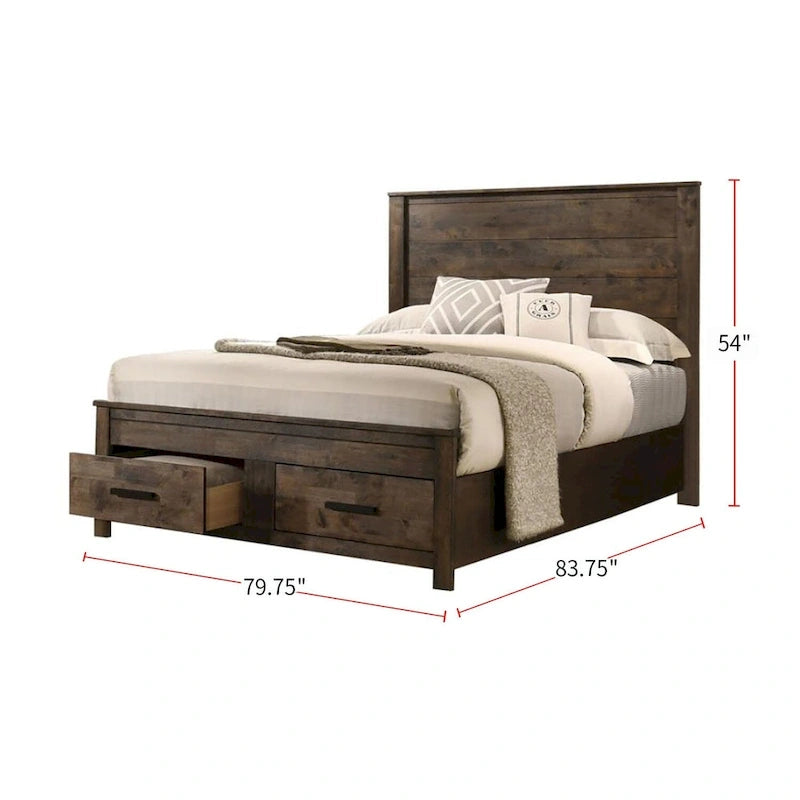 Lit King Size oriental en bois avec deux tiroirs au pied du lit, couleur brun doré