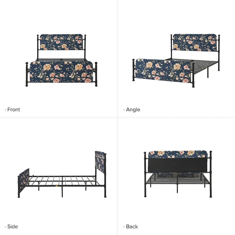 Lit plateforme en métal Diana Transitional 62 à motif floral, avec housse lavable, par HULALA HOME