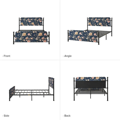 Lit plateforme en métal Diana Transitional 62 à motif floral, avec housse lavable, par HULALA HOME