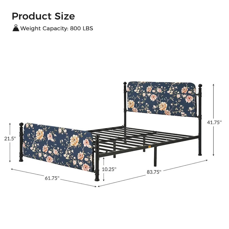 Lit plateforme en métal Diana Transitional 62 à motif floral, avec housse lavable, par HULALA HOME