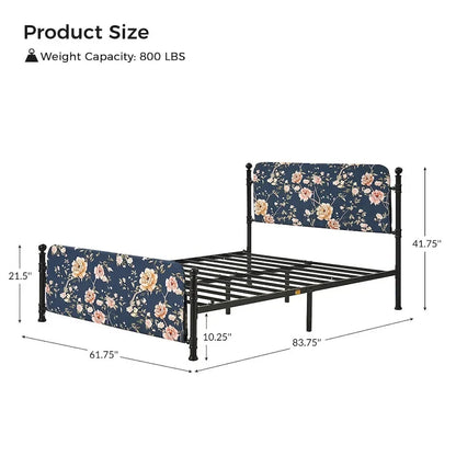 Lit plateforme en métal Diana Transitional 62 à motif floral, avec housse lavable, par HULALA HOME