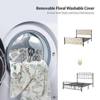 Lit plateforme en métal Diana Transitional 62 à motif floral, avec housse lavable, par HULALA HOME