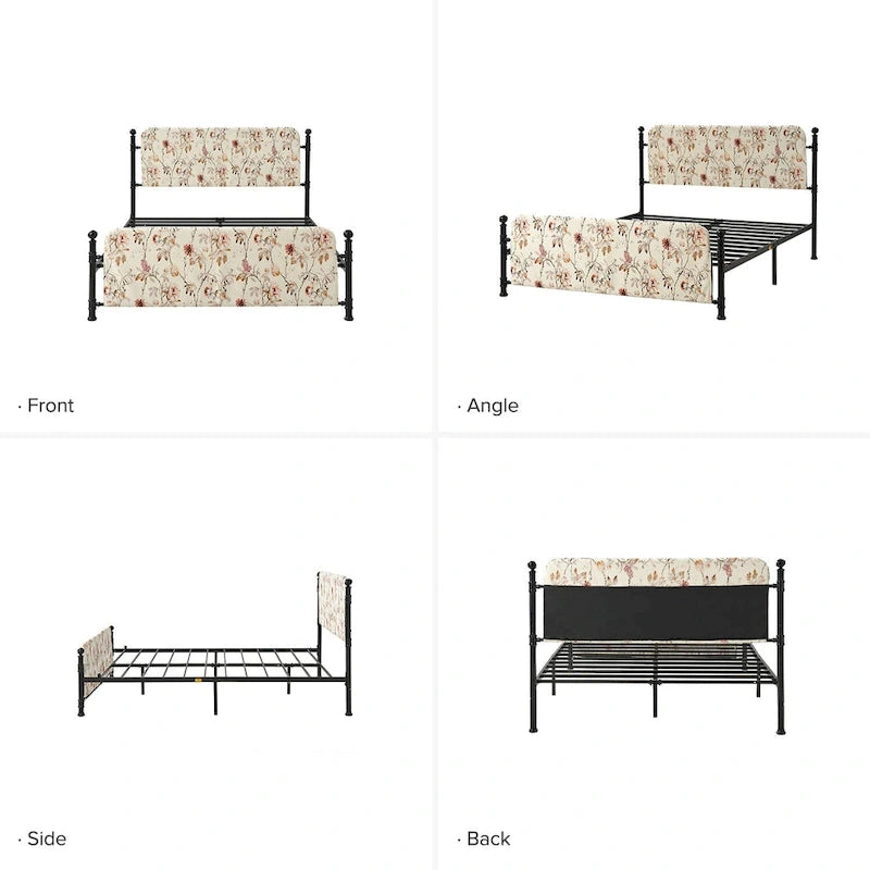 Lit plateforme en métal Diana Transitional 62 à motif floral, avec housse lavable, par HULALA HOME