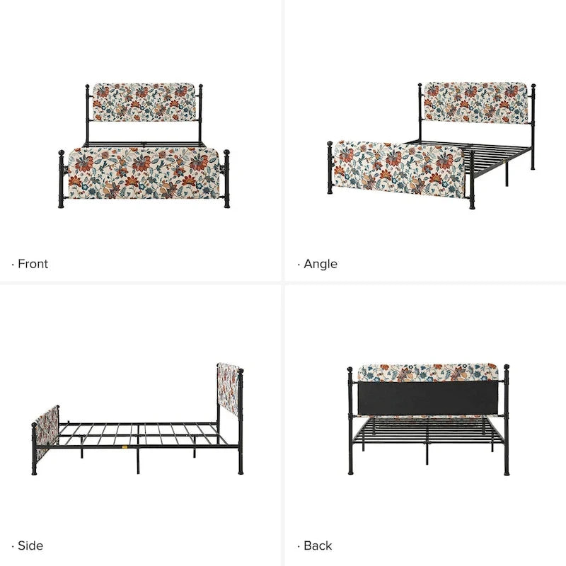 Lit plateforme en métal Diana Transitional 62 à motif floral, avec housse lavable, par HULALA HOME