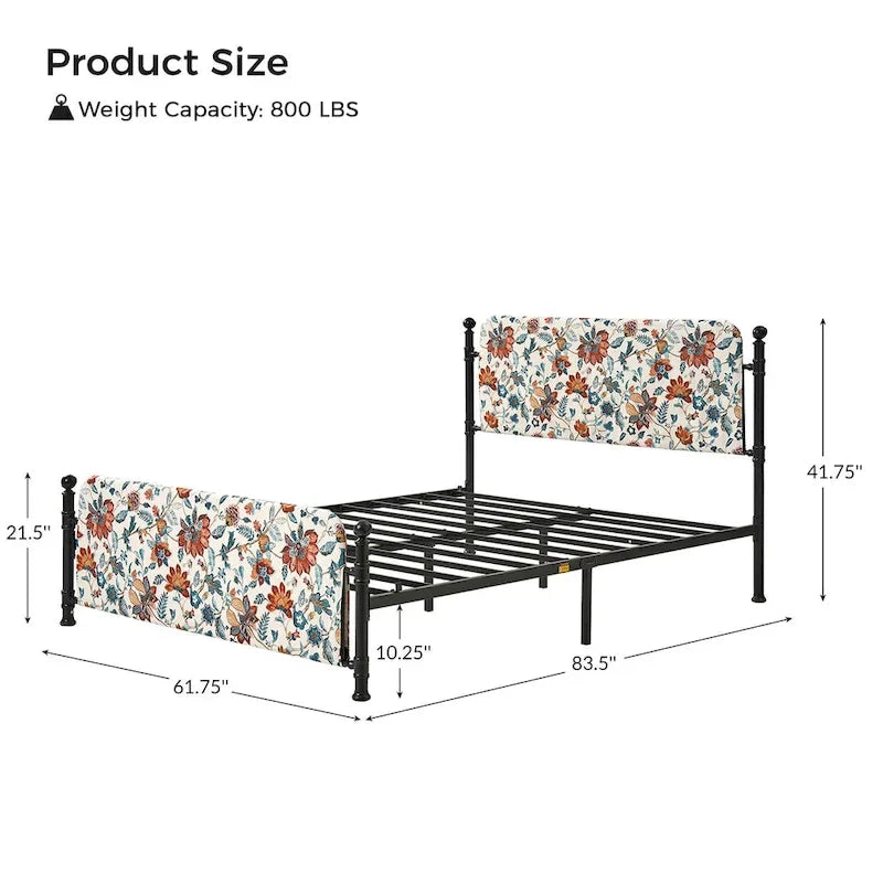 Lit plateforme en métal Diana Transitional 62 à motif floral, avec housse lavable, par HULALA HOME