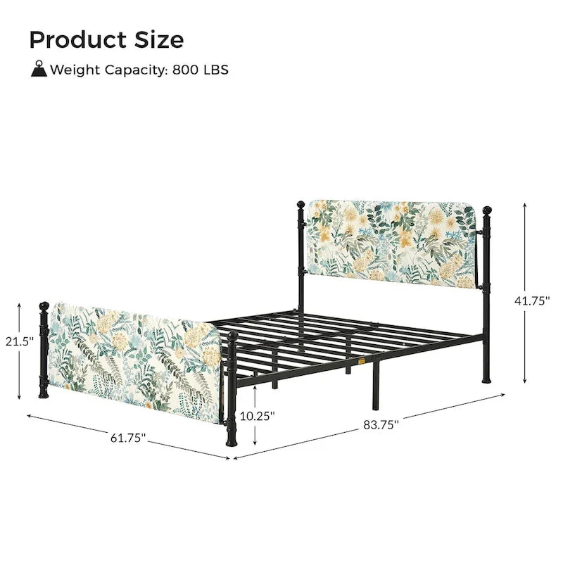Lit plateforme en métal Diana Transitional 62 à motif floral, avec housse lavable, par HULALA HOME