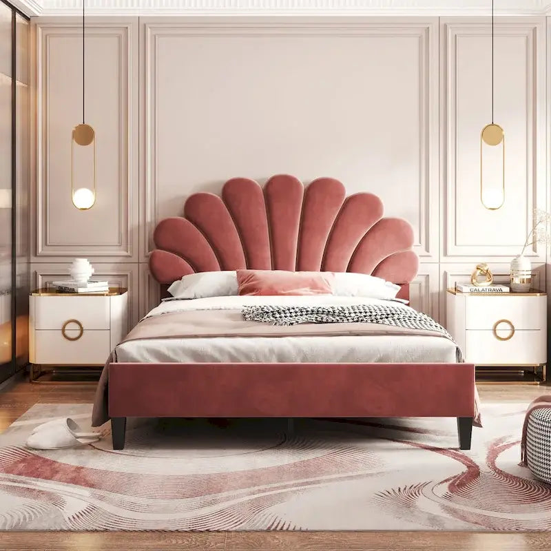 Lit plateforme capitonné avec tête de lit en velours à motif floral