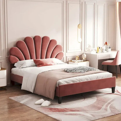Lit plateforme capitonné avec tête de lit en velours à motif floral