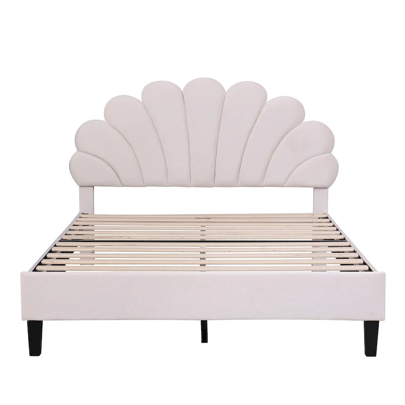 Lit plateforme capitonné avec tête de lit en velours à motif floral
