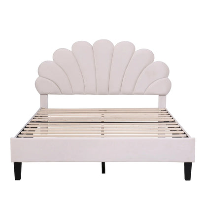 Lit plateforme capitonné avec tête de lit en velours à motif floral