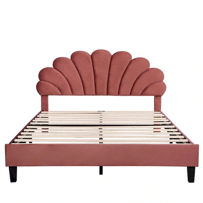 Lit plateforme capitonné avec tête de lit en velours à motif floral