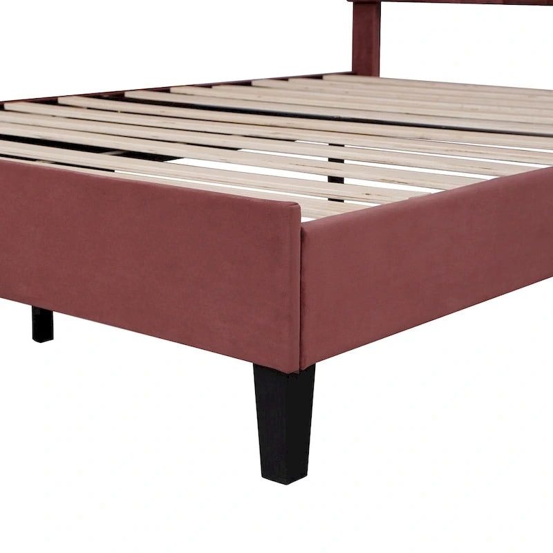 Lit plateforme capitonné avec tête de lit en velours à motif floral