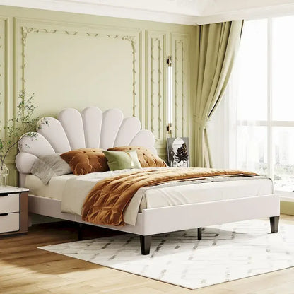 Lit plateforme capitonné avec tête de lit en velours à motif floral