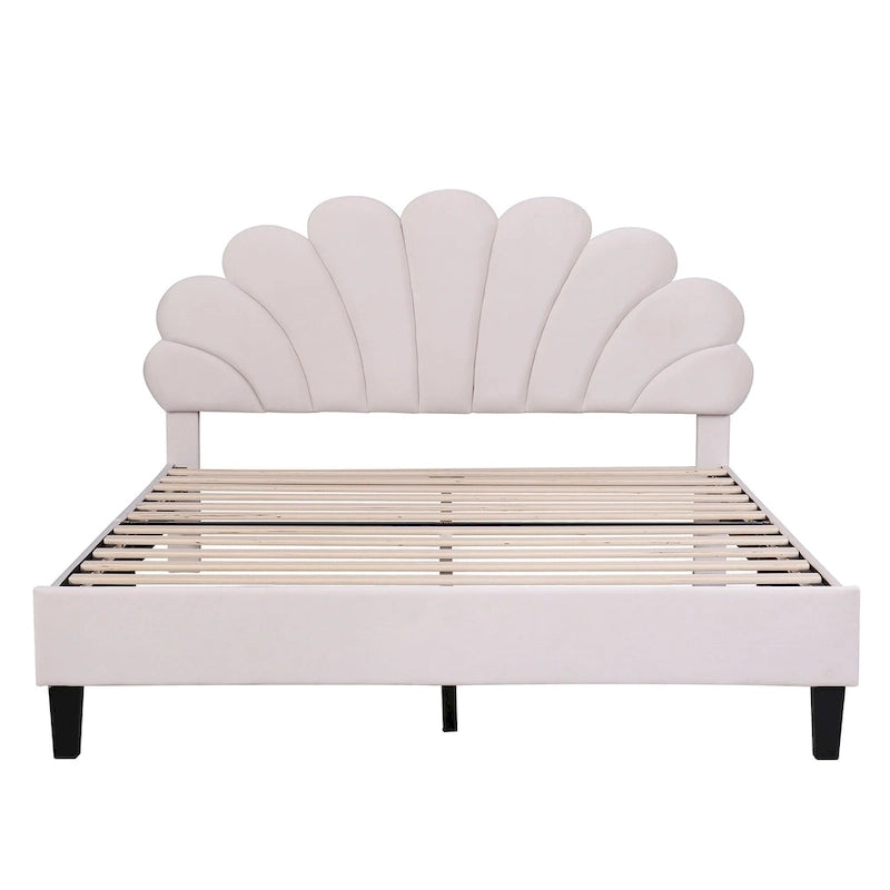 Lit plateforme capitonné avec tête de lit en velours à motif floral