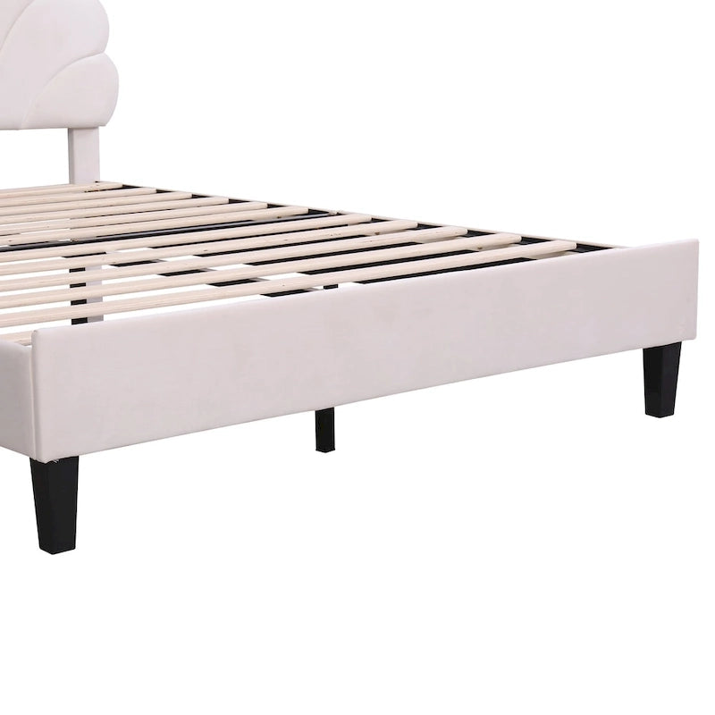 Lit plateforme capitonné avec tête de lit en velours à motif floral