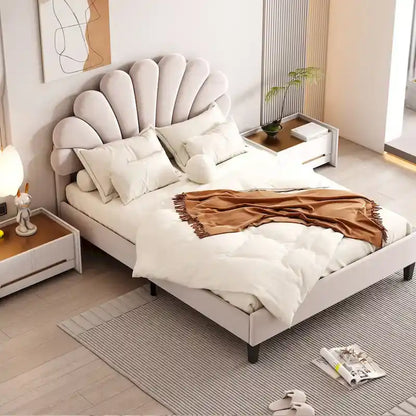 Lit plateforme capitonné avec tête de lit en velours à motif floral